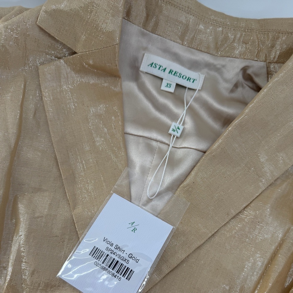 Asta Resort Viola Wrap Tie Waist Long Sleeve Plunge Collared Shiny Shirt In Gold - Picture 4 of 4